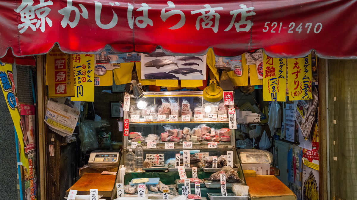 traditional open-air whale meat market in Japan